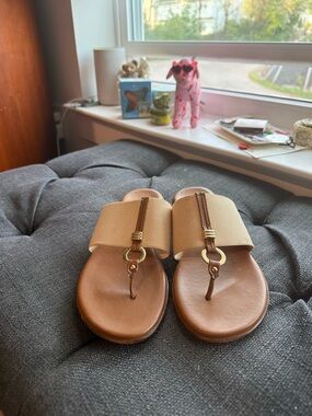Italian Shoemakers Beige and Brown Leather Thong Sandals